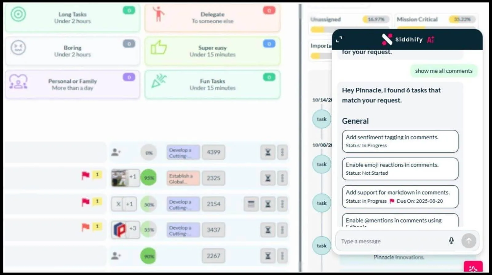 Screenshot of Siddhify's blurred dashboard highlighting the AI assistant, making it perfect for freelancers and individuals to have full control over their PM tool.