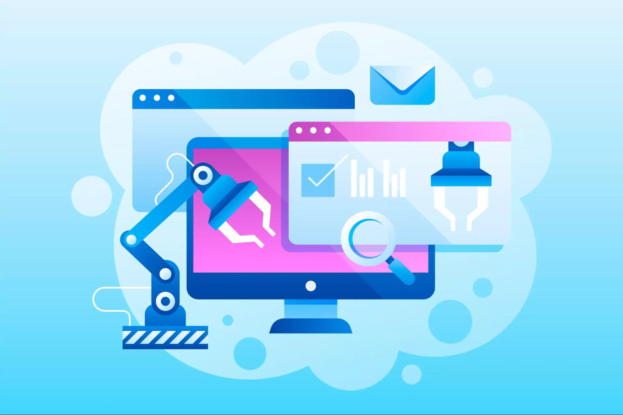 A computer screen displaying a magnifying glass and mouse, symbolizing AI marketing tools for small businesses.
