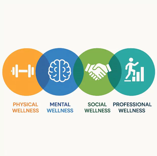 Infographic showing the four pillars of occupational wellness: physical, mental, social, and professional health.