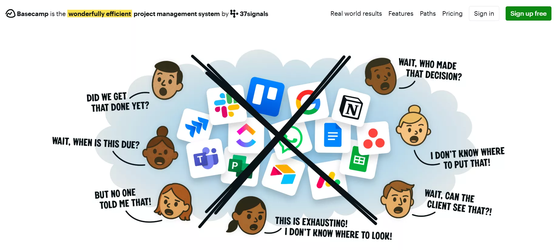 Screenshot of Basecamp's home page.