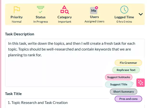 Screenshot of a AI task assistance in Siddhify project management tool