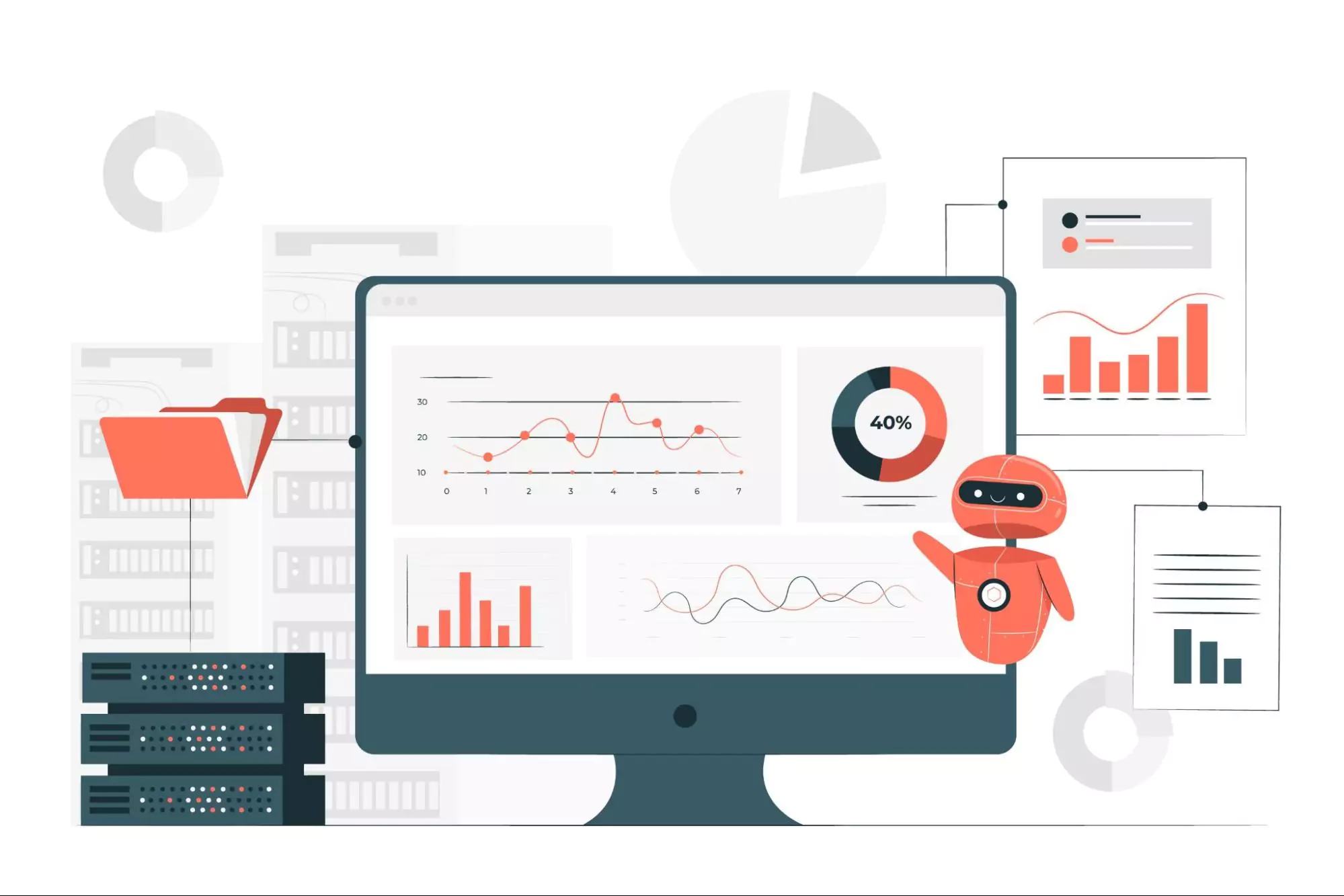 Illustration of an AI assistant analyzing productivity data on a computer screen with graphs, charts, and task insights.