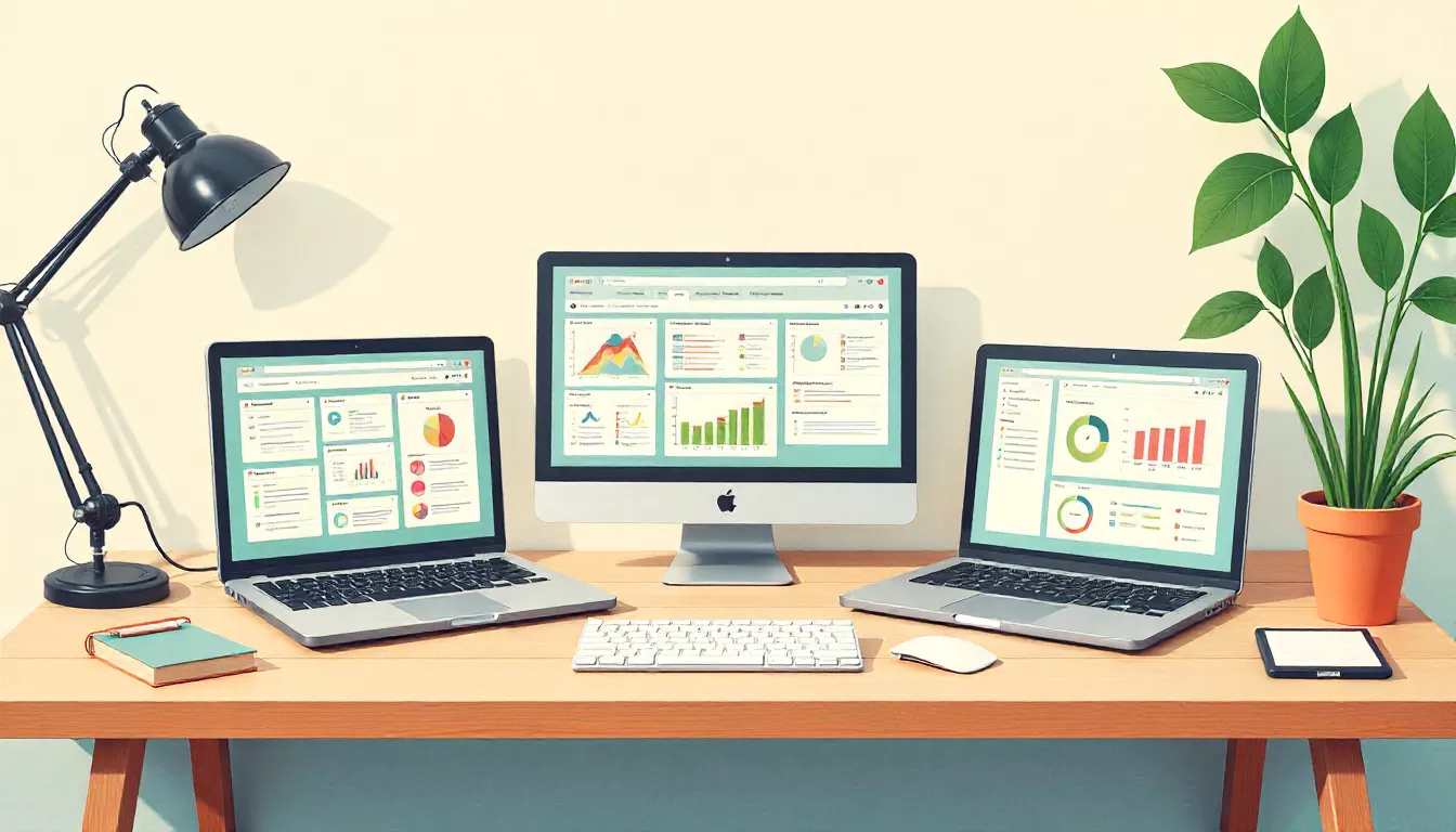 Different project management tools displayed on laptops in a digital agency workspace.