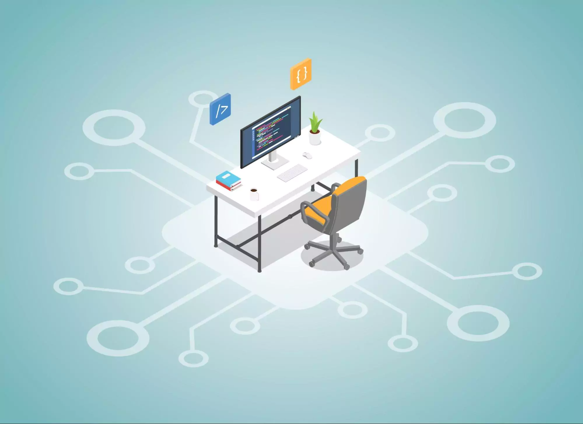 Isometric illustration of a clean programming desk setup with monitor displaying code, symbolizing time saver strategies and time management solutions for developers