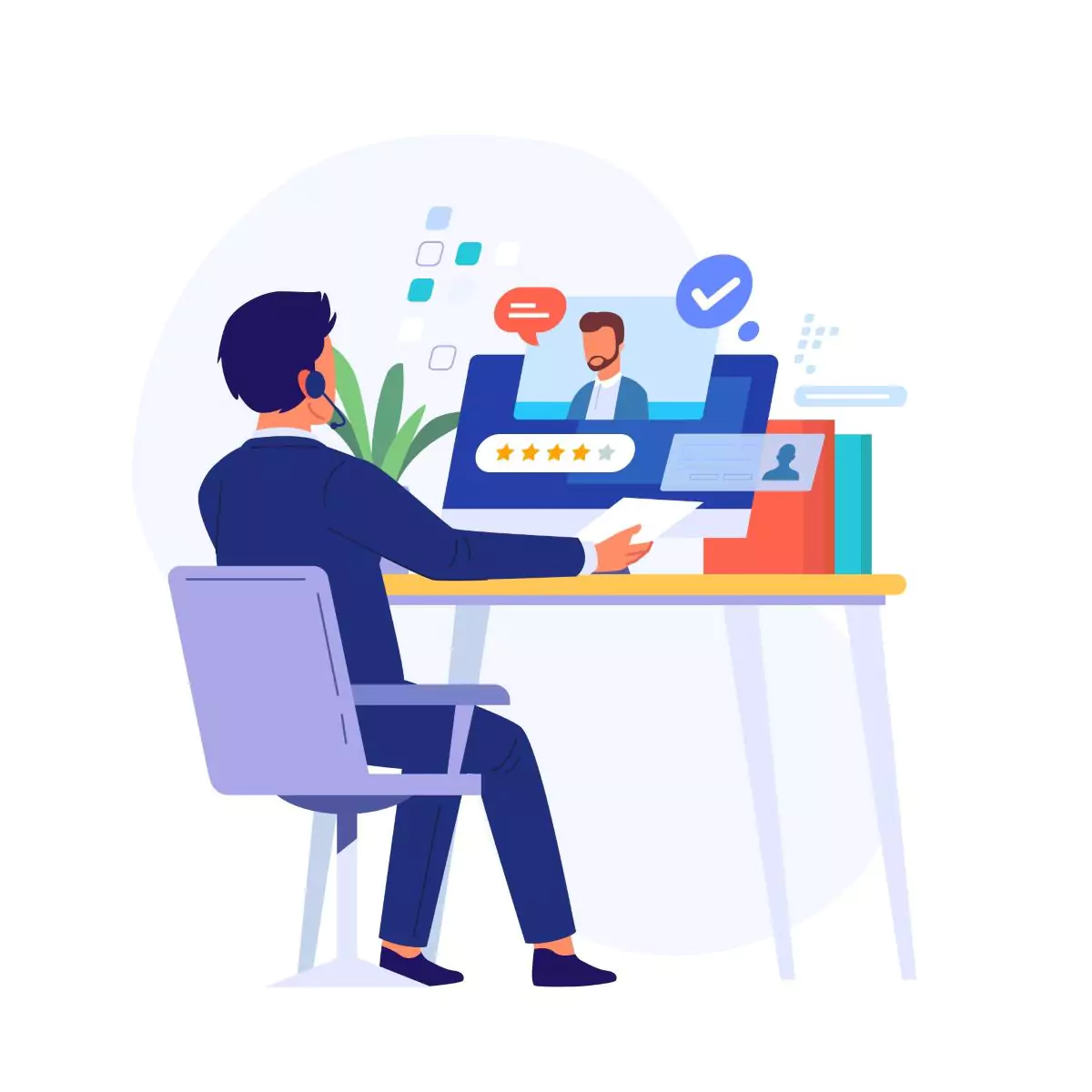 Vector style image of client management through video meeting