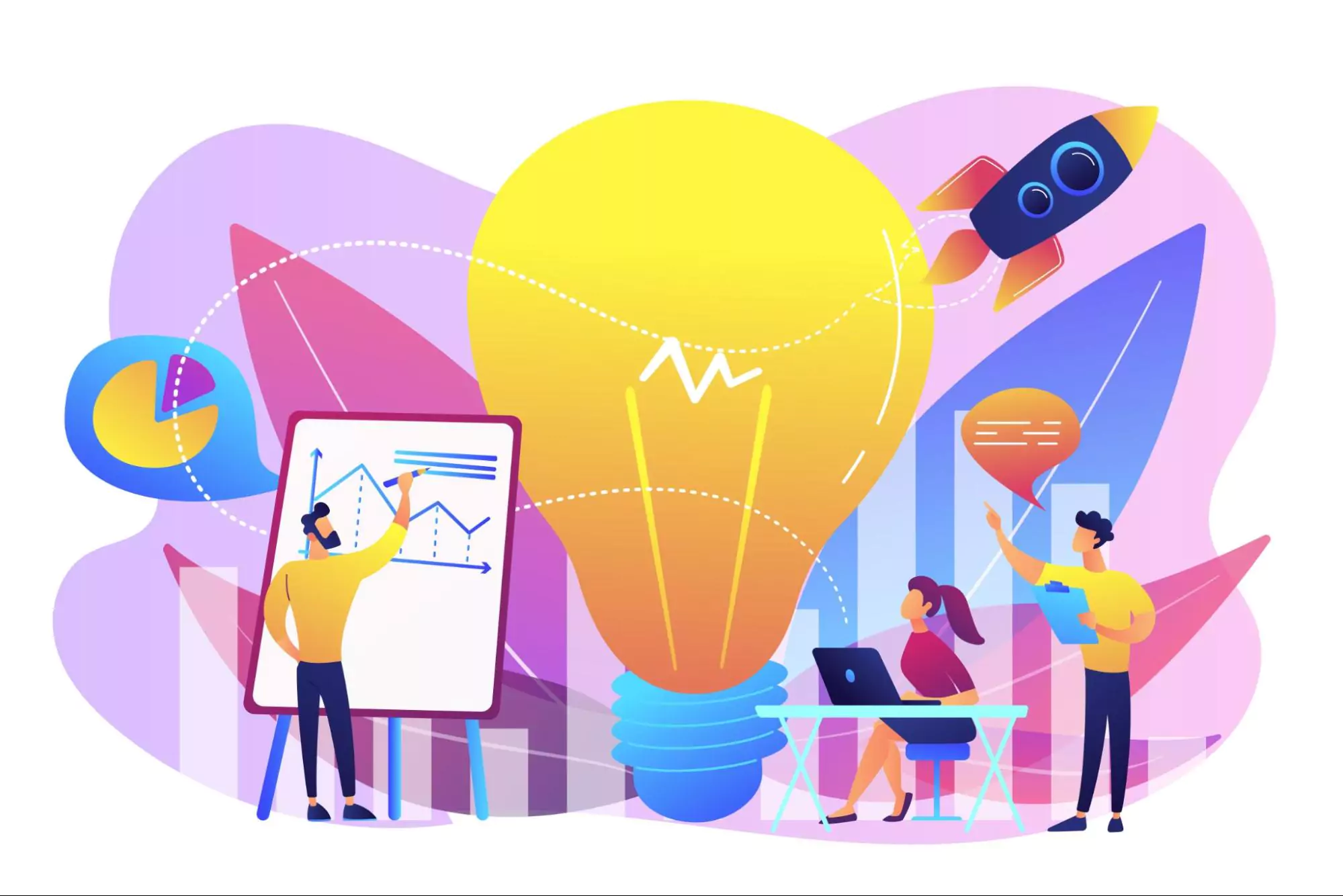 Colorful illustration of a team brainstorming with charts, a giant light bulb, and a rocket launch, representing creative marketing ideas for small business success.