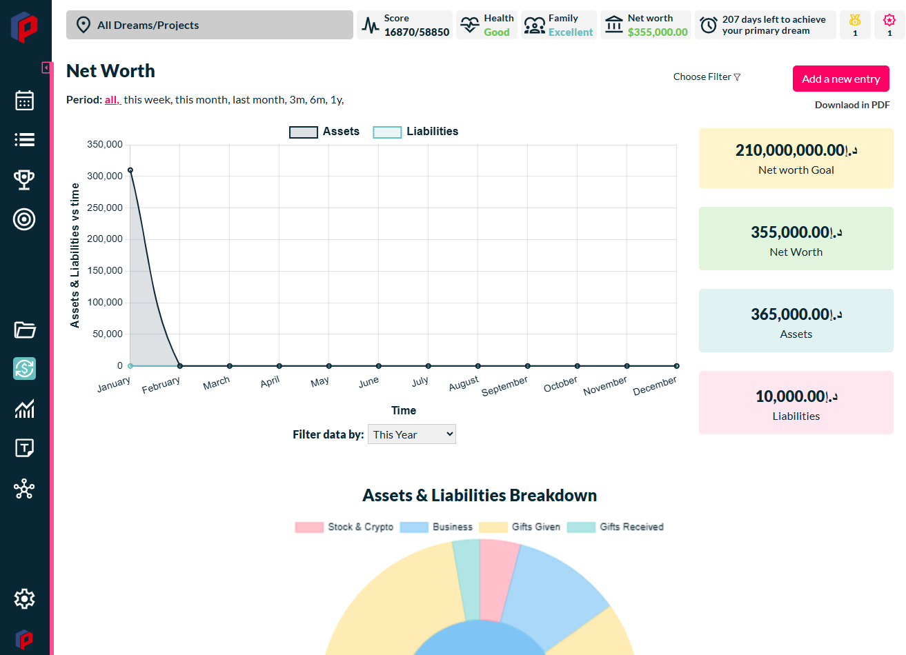 Screenshot of a Net Worth feature for tracking expenses in Siddhify.