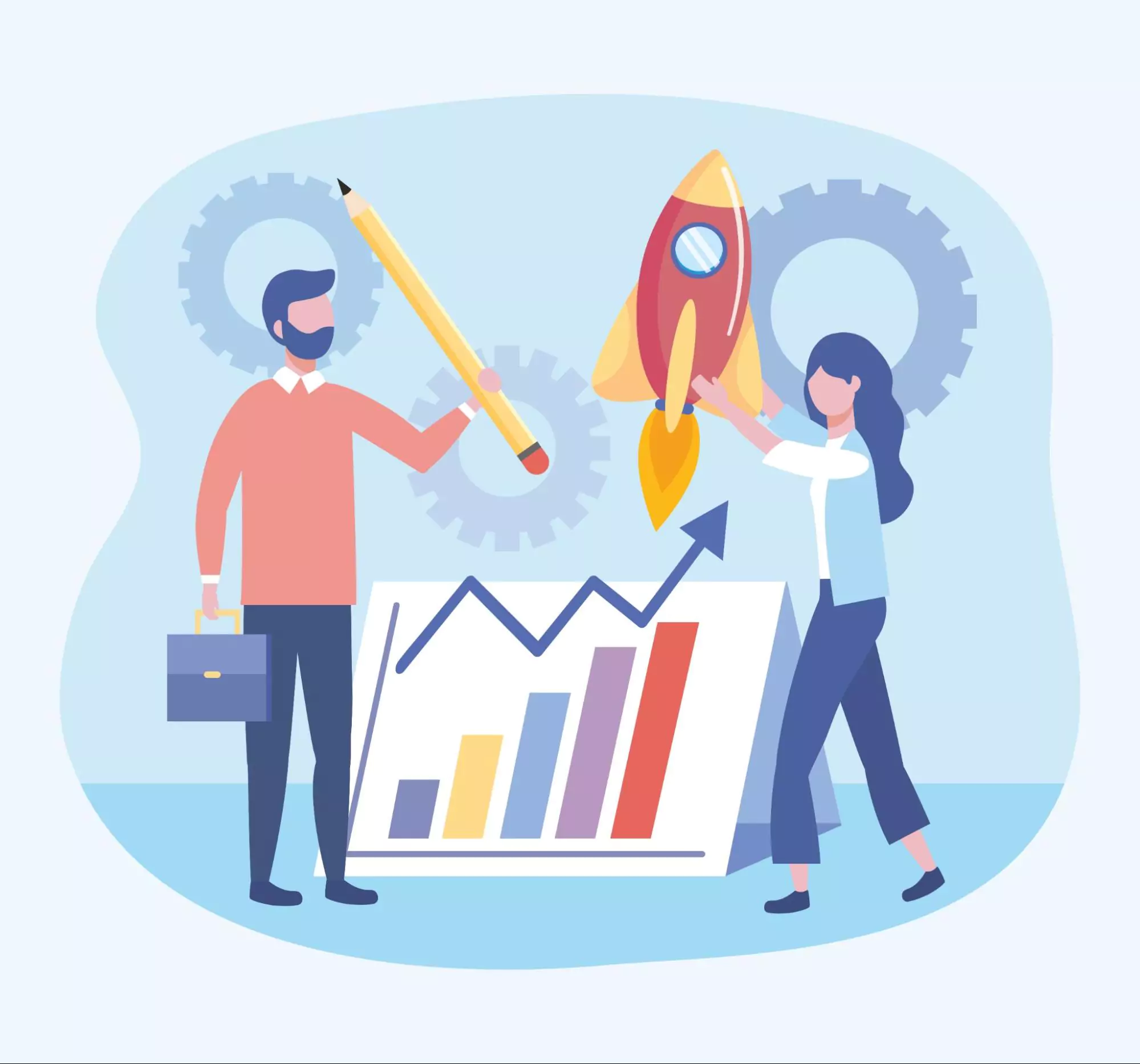 Illustration of two entrepreneurs working on their startup strategy.