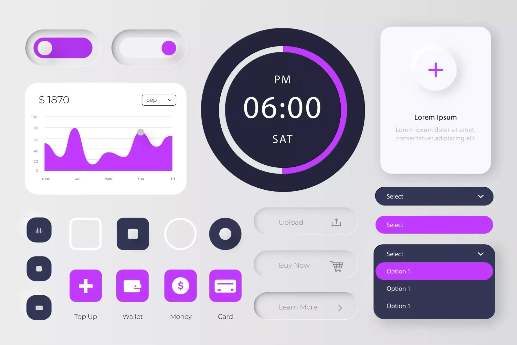 Modern user interface design with time, charts, buttons, and data widgets, representing elements commonly found in the best time management apps for productivity and scheduling.