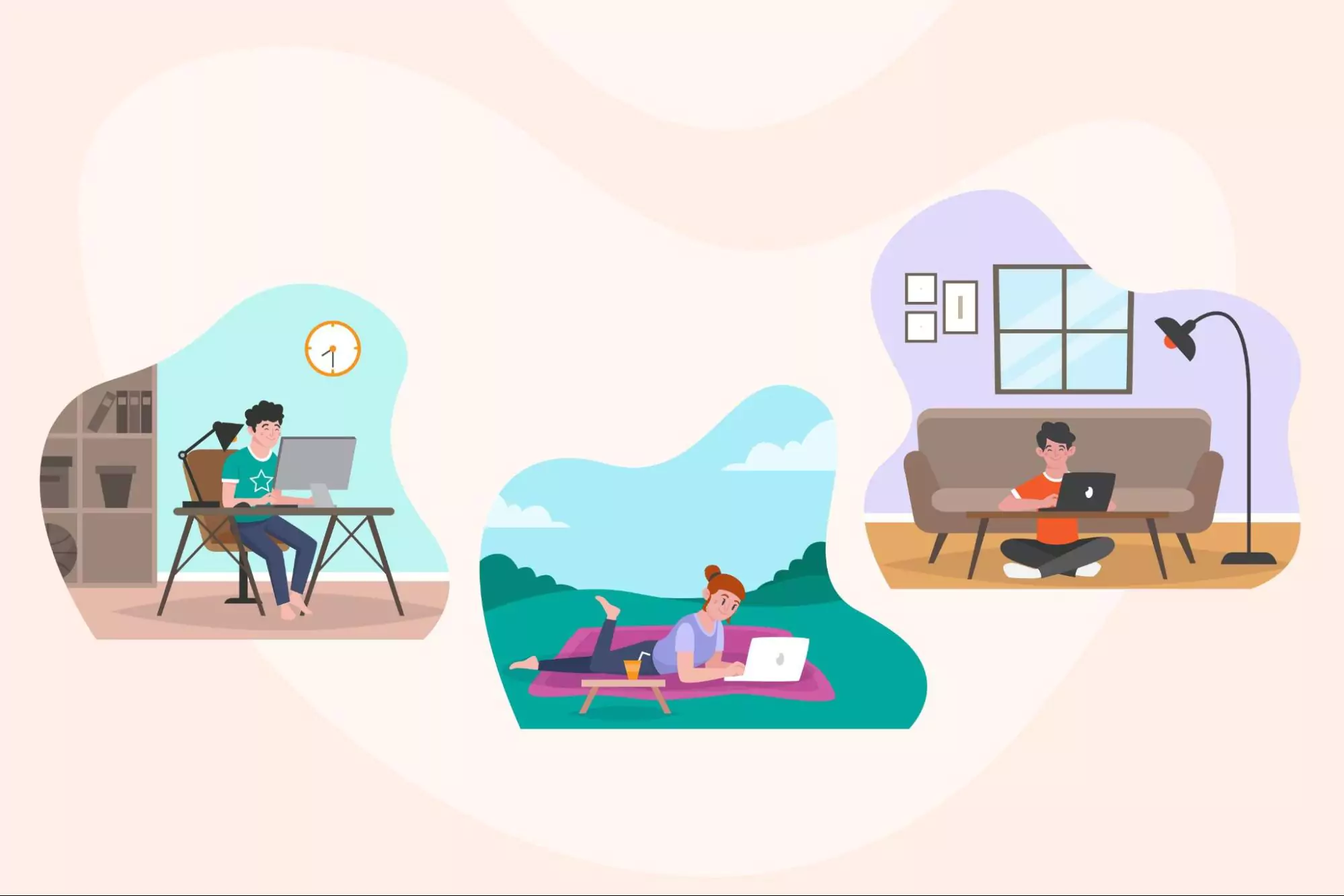 Vector image of three remote employees working from different locations in the world.