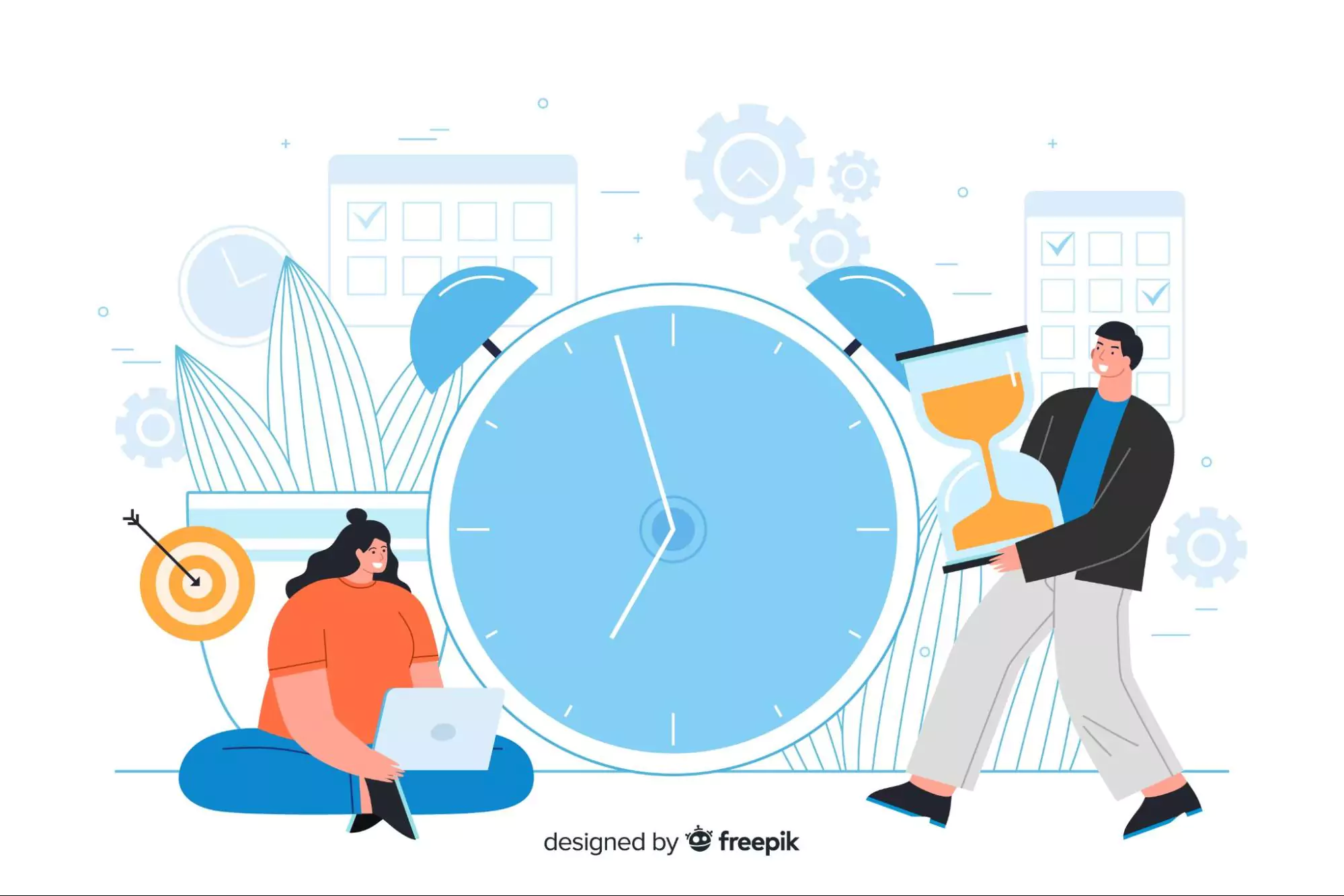 Illustration of people managing time with a clock and hourglass, symbolizing how to be more efficient and practice time management.