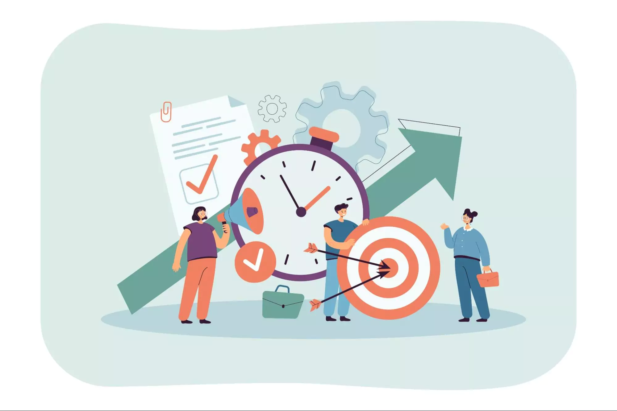 People gather around a clock and a target, symbolizing goal tracking and team performance.