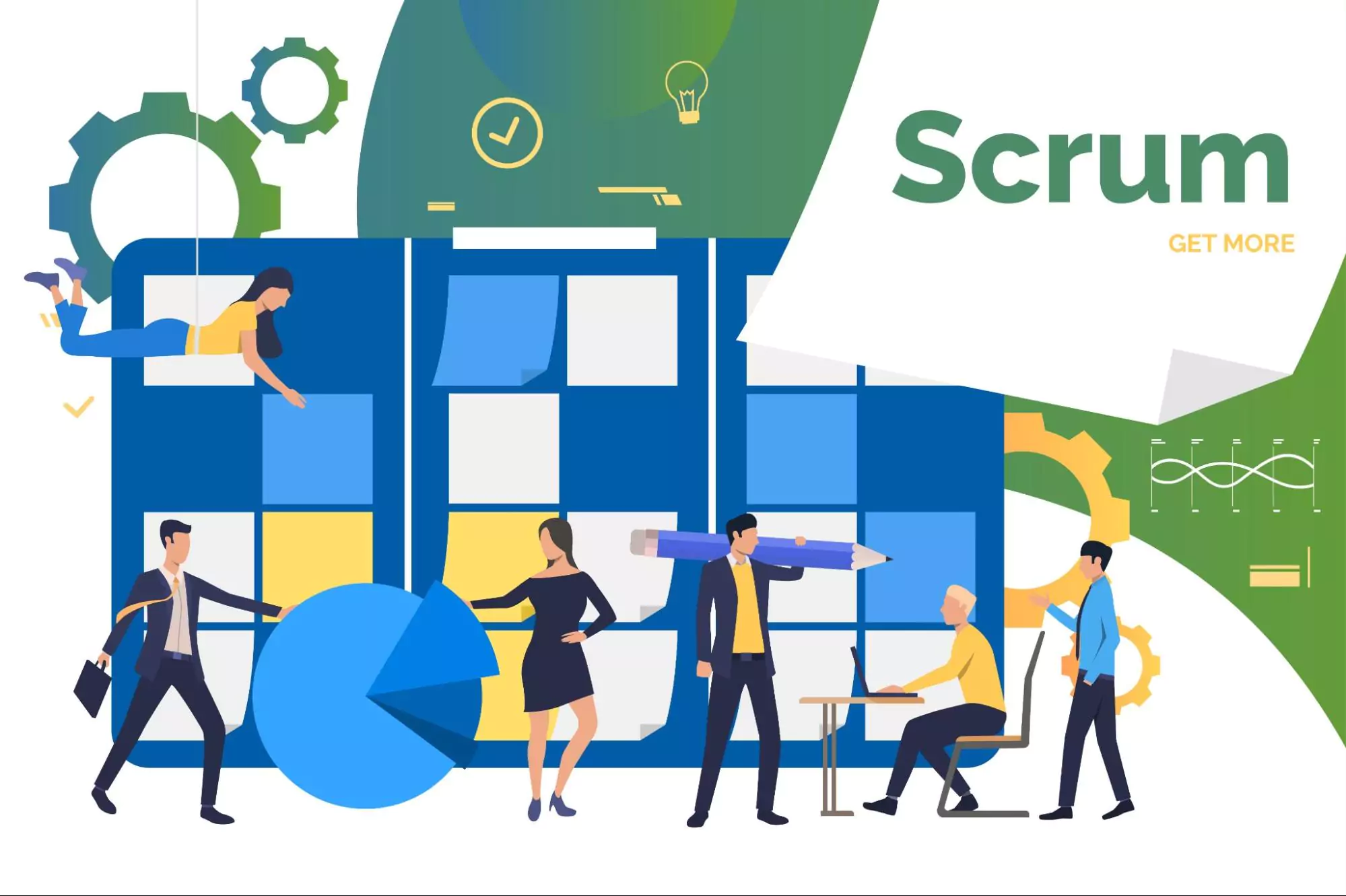 : Scrum team collaborating on a project, illustrating agile methodologies in software development and project management.