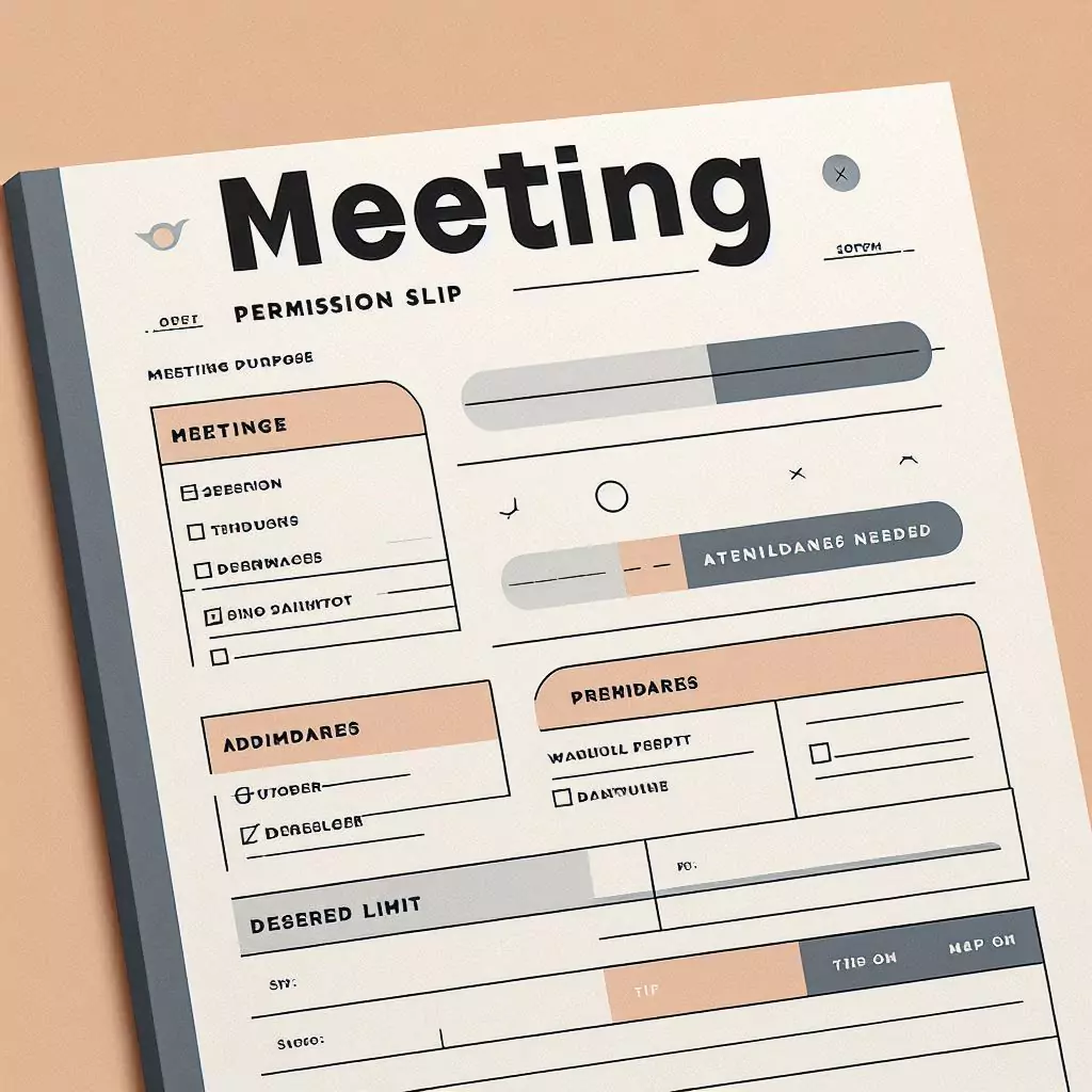 Screenshot-style mockup of a meeting permission slip template showing purpose, attendees, outcomes, and time limits.