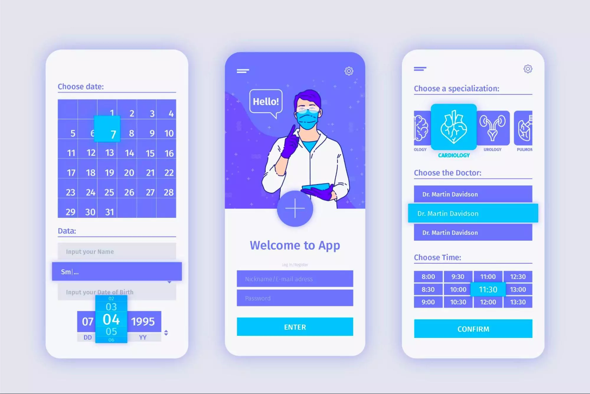 Mobile interface of a work planning app showing daily planner features like date selection, doctor appointment scheduling, and task management screens for efficient daily organization.