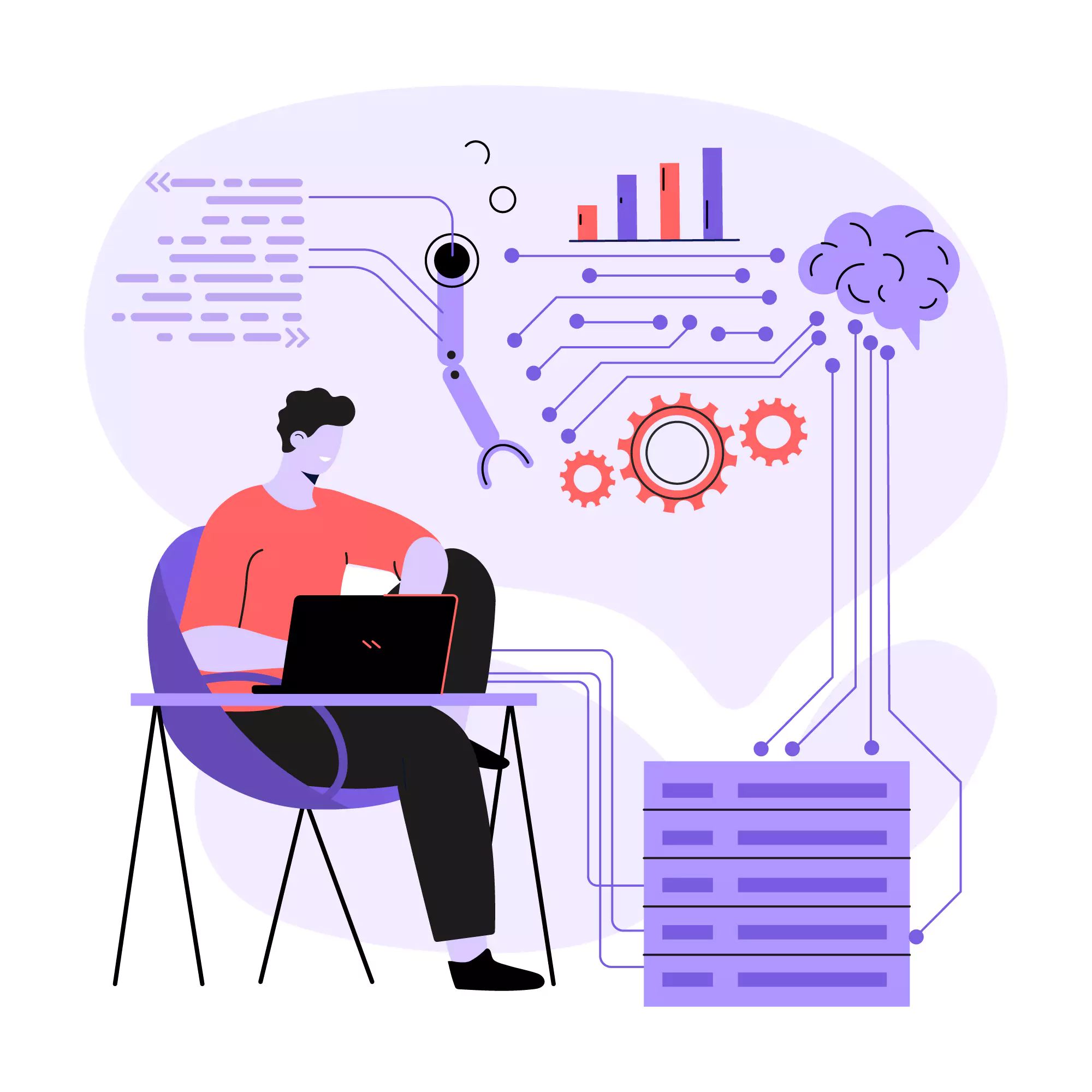 Illustration of a man working with the help of an AI on task automation.