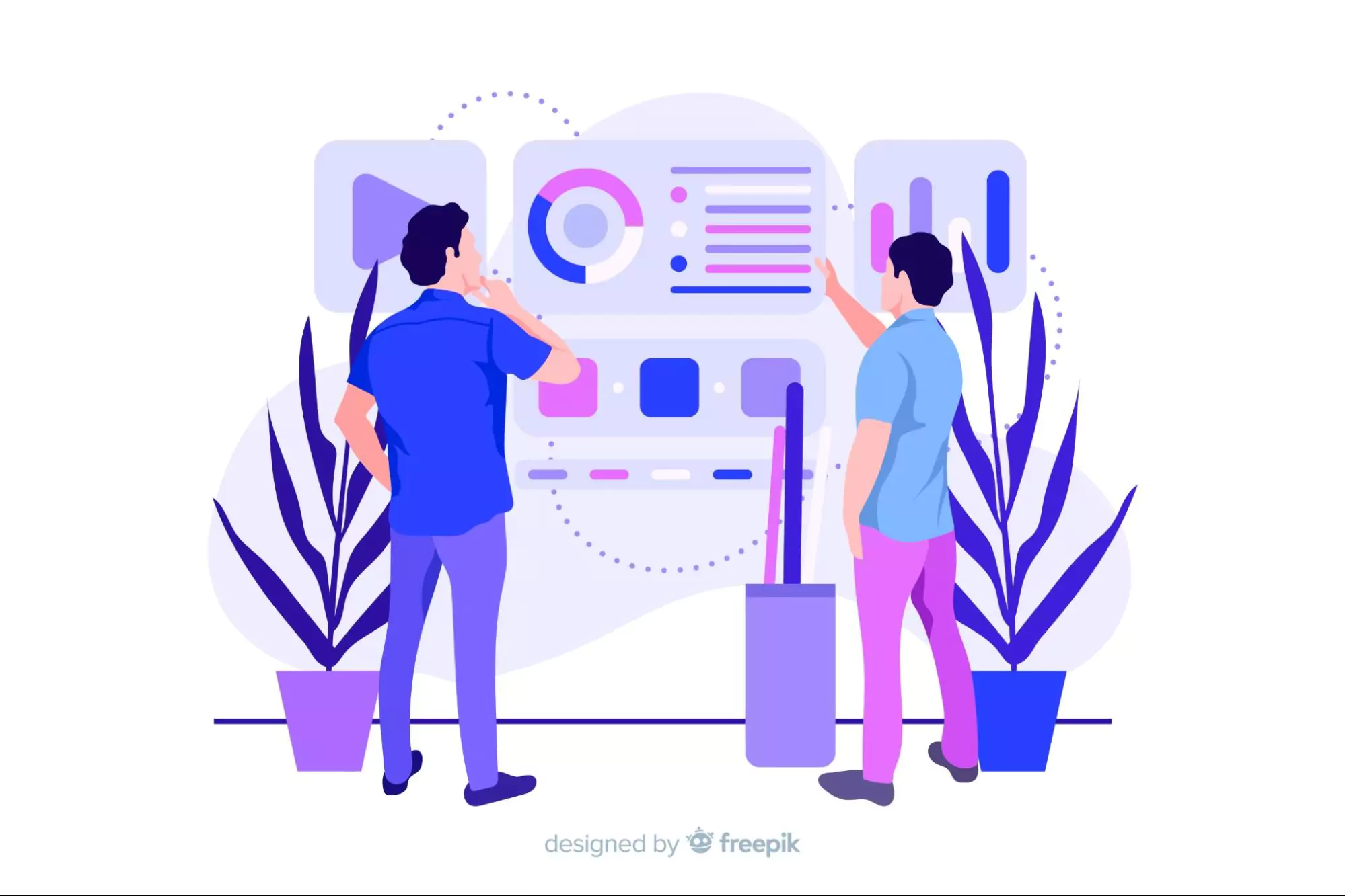 Two men discussing a colorful dashboard, representing AI-powered daily planner app tools designed for digital and web agencies.
