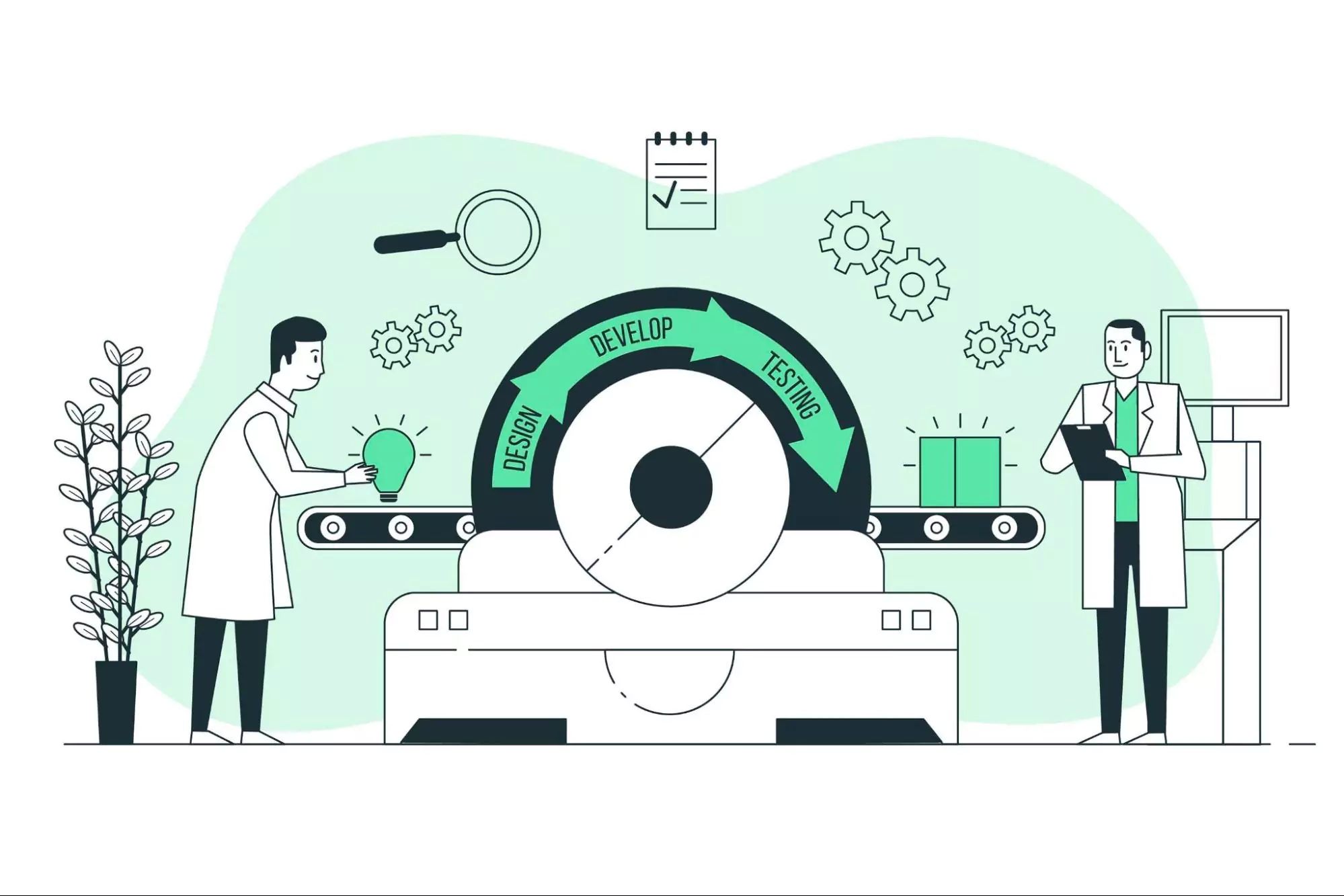 Illustration of two employees working with the workflow automation tools.