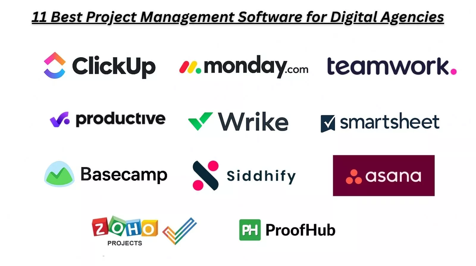 Image with logos of all 11 best project management software for digital agencies.
