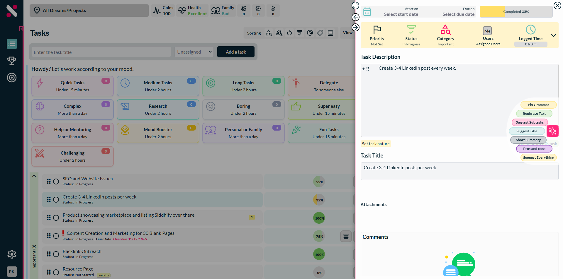 AI task manager dashboard showing smart features to help you with task creation.