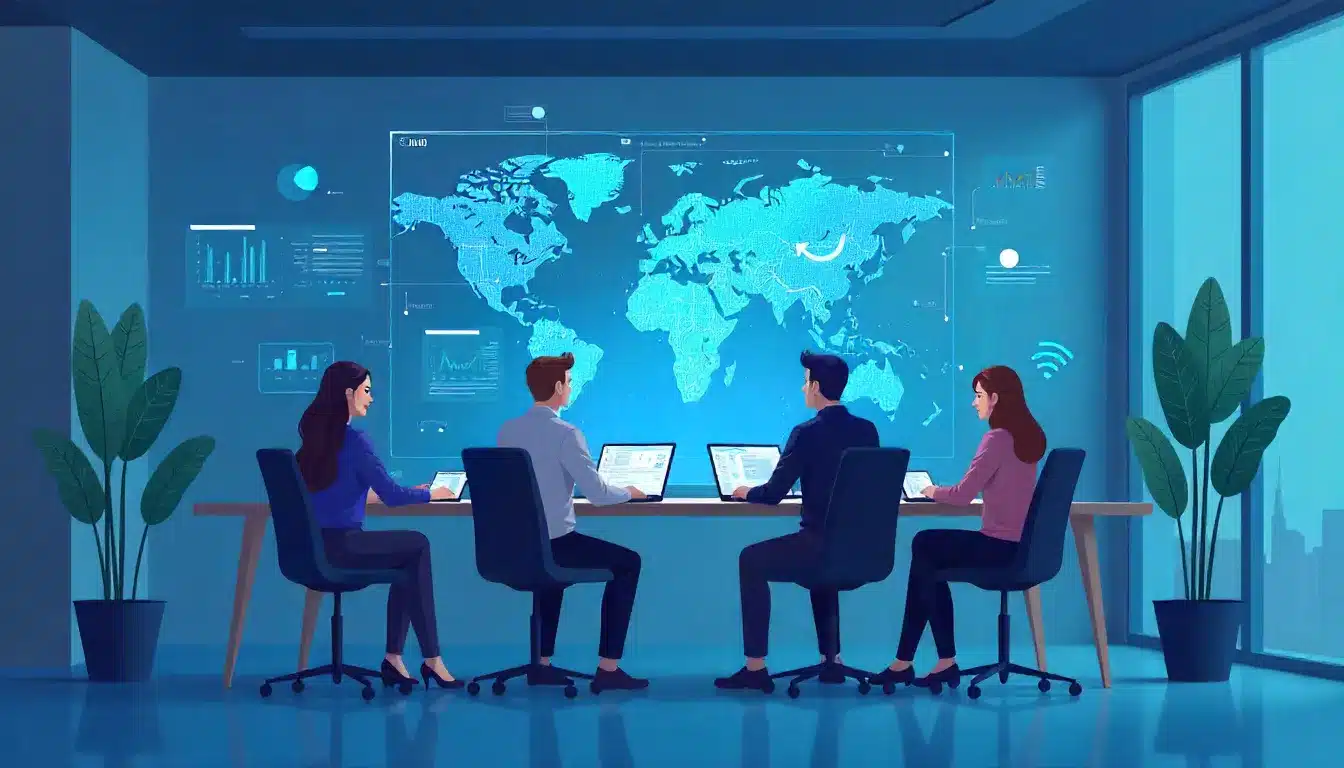 Futuristic AI-assisted project management with predictive analytics and smart scheduling.
