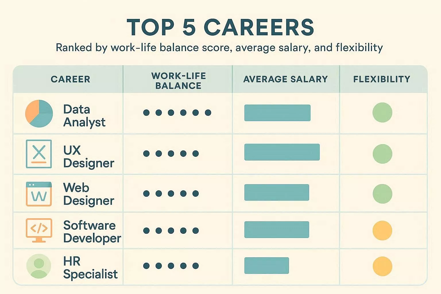 Infographic ranking the best careers for work-life balance with salary and flexibility comparison.