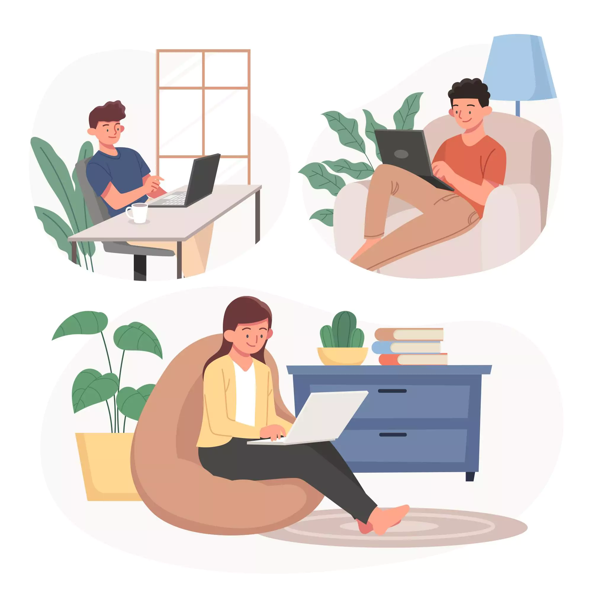 Vector image of remote workers working from different locations representing the future of remote work.