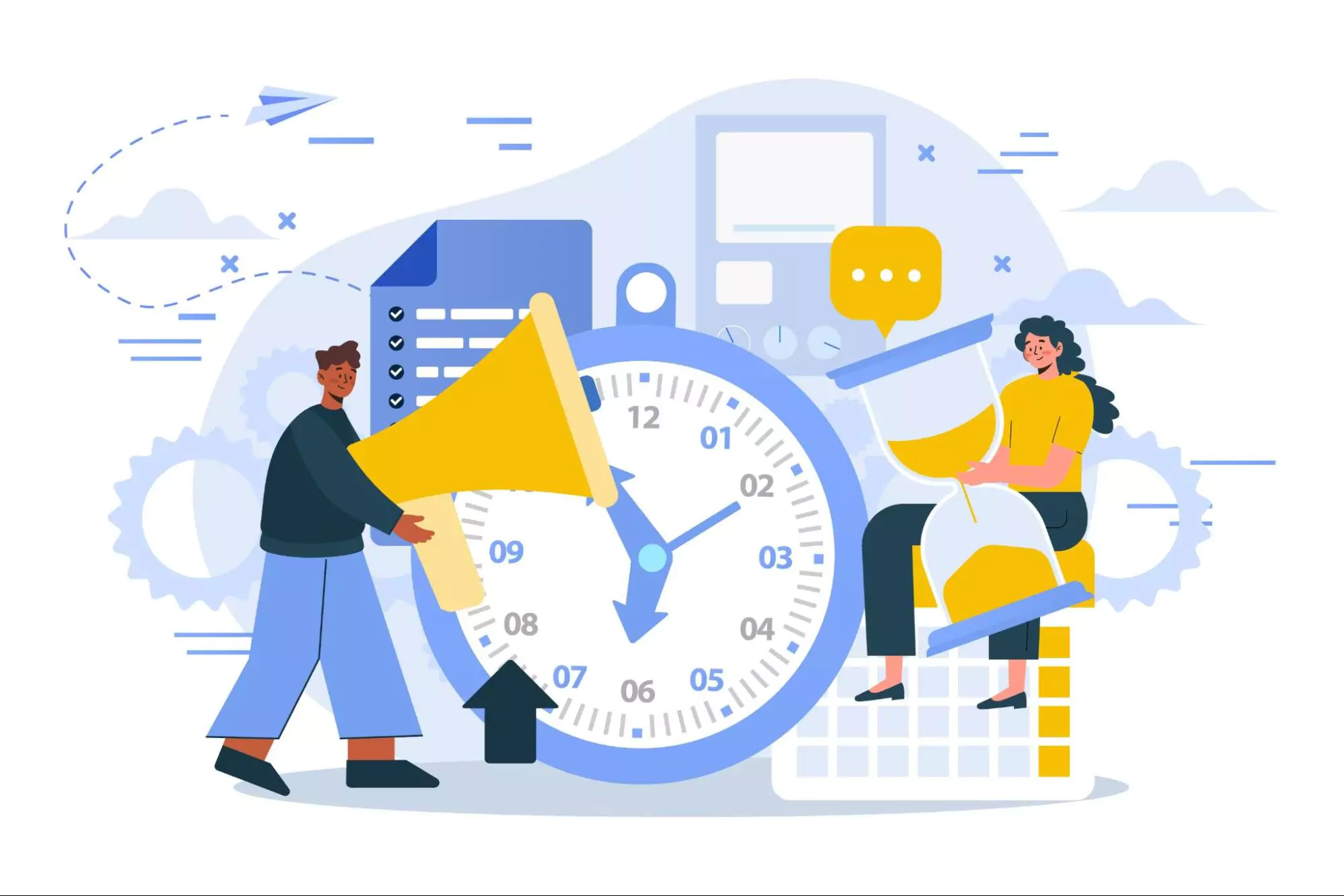 Vector illustration showing time management for small business owners, with a large clock, a checklist, an hourglass, a woman managing time, and a man holding a megaphone, symbolizing productivity, planning, and communication.