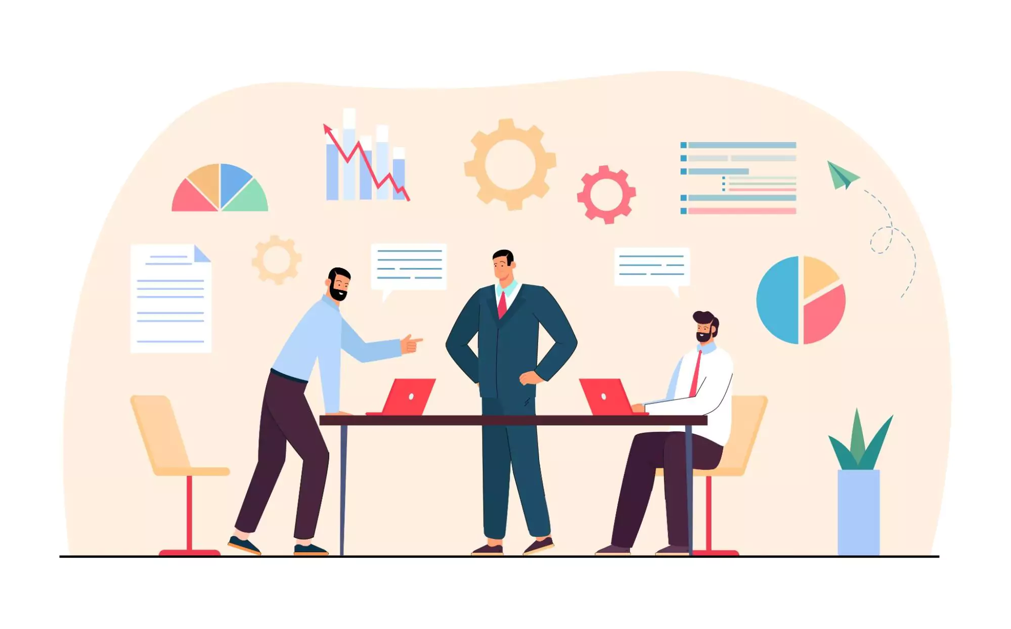 Illustration of a small business founder with two employees discussing their new PM system.