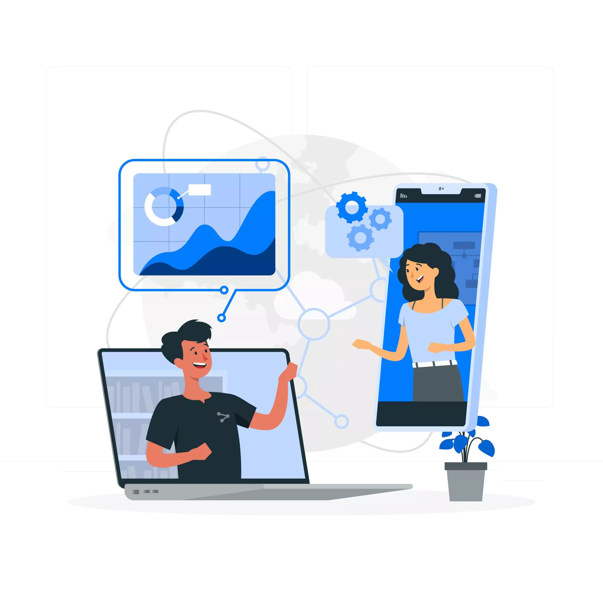 Illustration of two remote workers communicating.