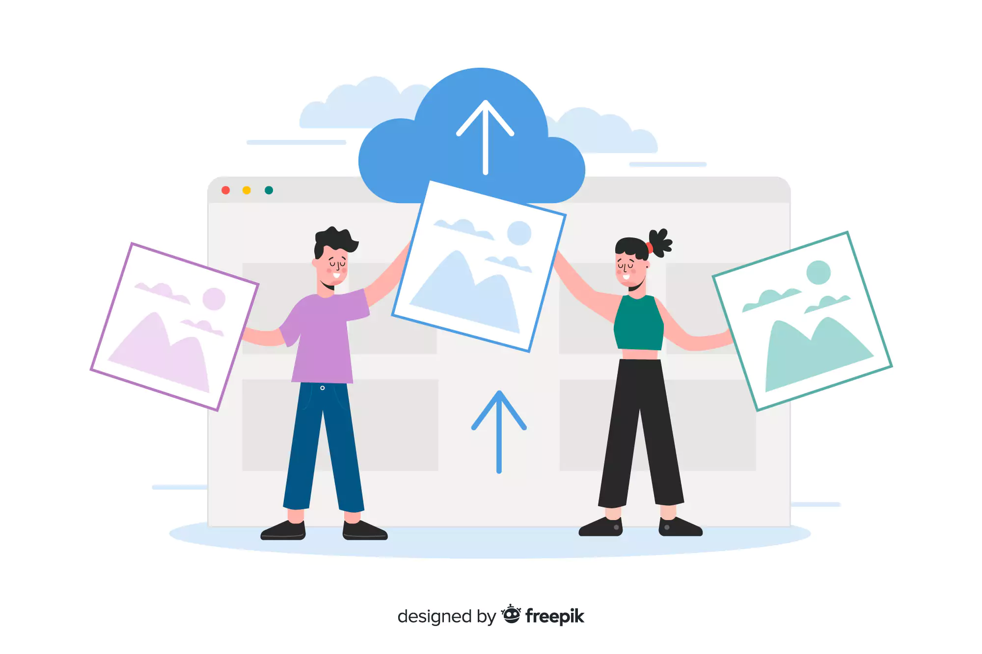 Cartoon of two people uploading images to the cloud, representing the best collaboration software for creative teamwork.
