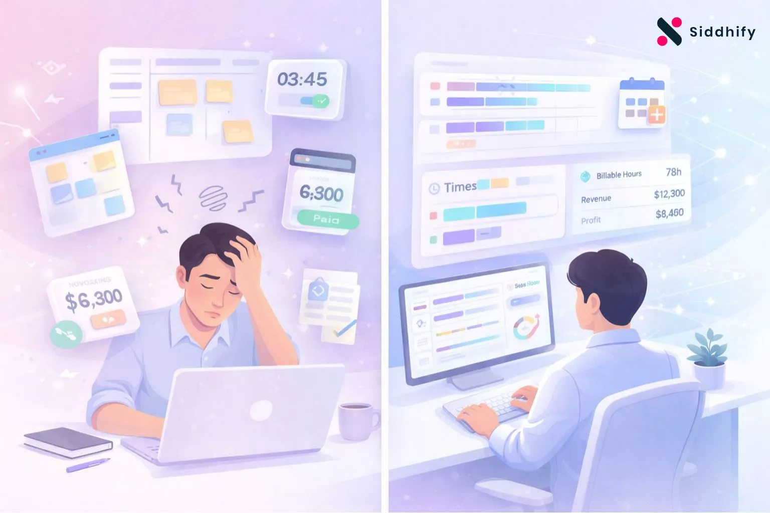 Comparison illustration showing fragmented agency tools versus unified project management software for marketing agencies