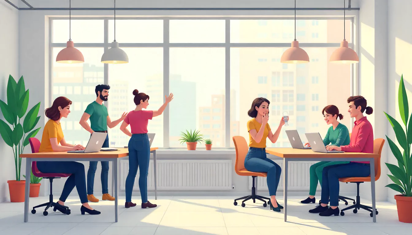 Digital agency team practicing occupational wellness with ergonomic workstations, hydration, and collaboration in a modern office.