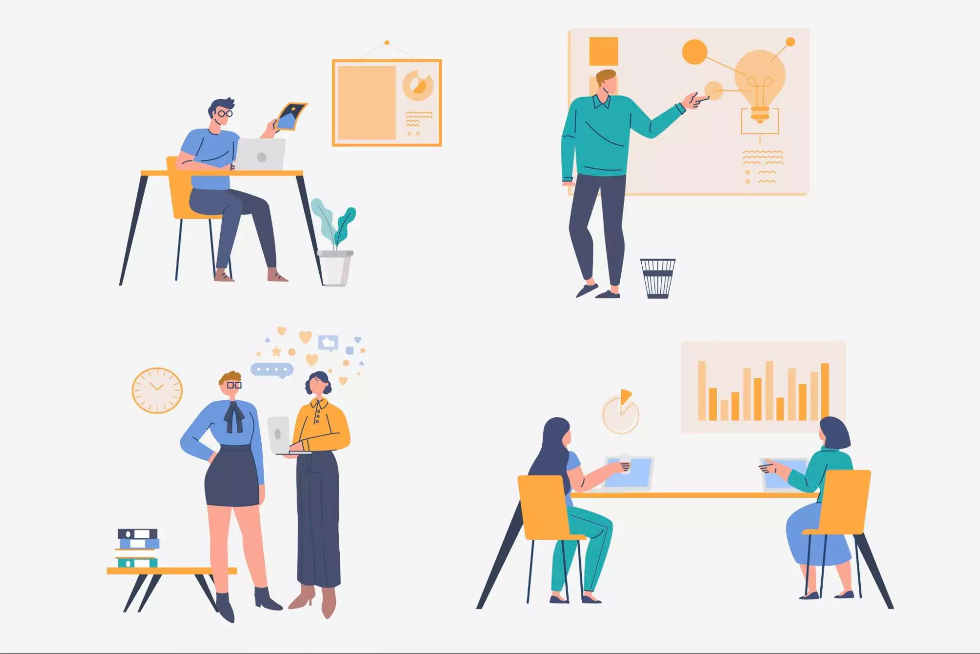 Illustration of different teams working separately on a project management plan.