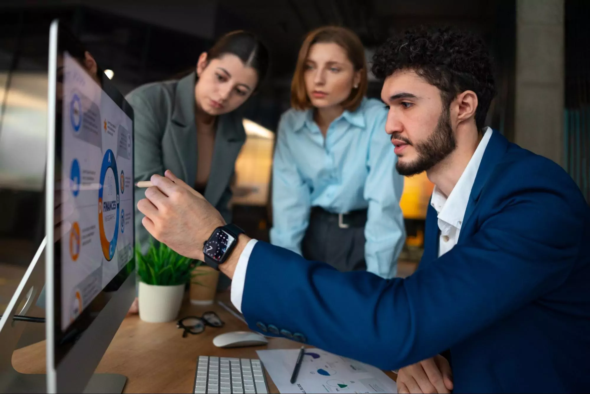 Team of coworkers looking at the productivity software dashboard.