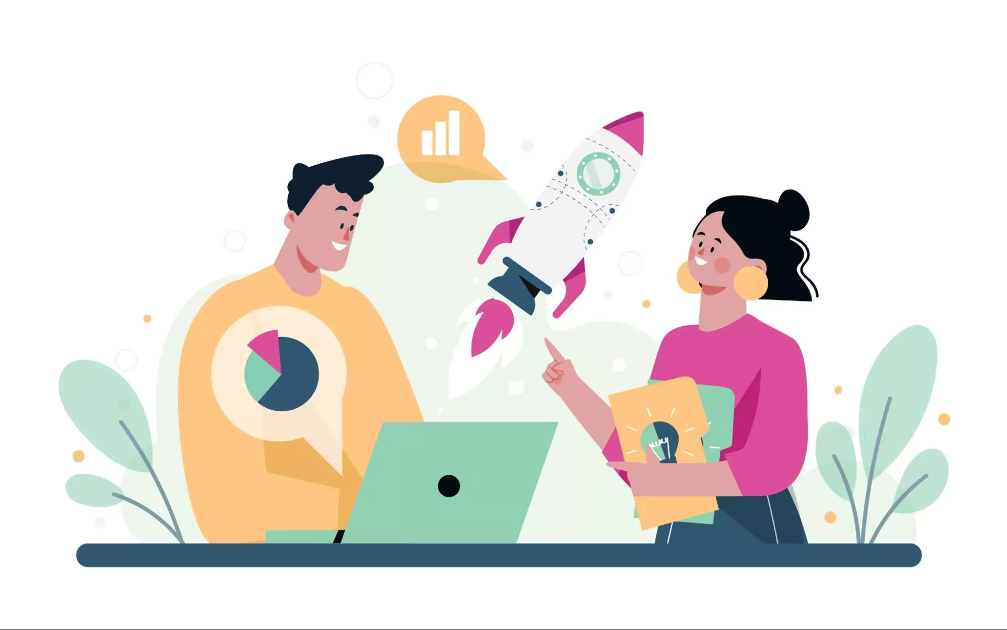illustration of two business owners brainstorming their ideas in project management app
