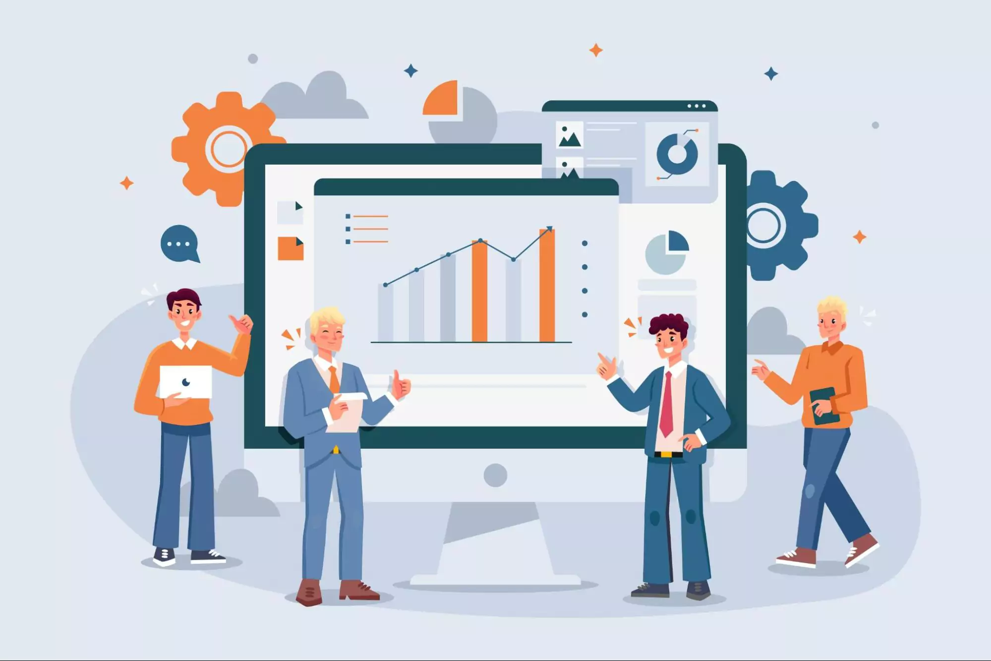 Illustration of a business team looking satisfied with their project management tool.