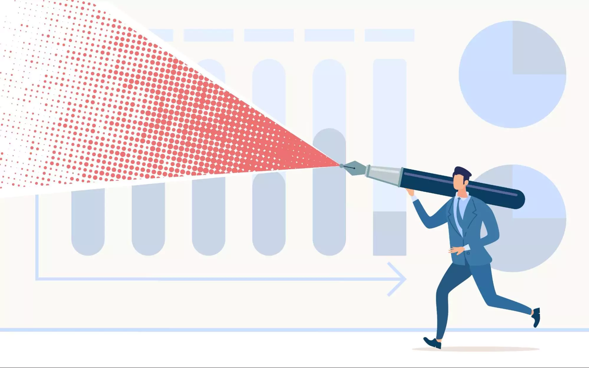 A man in a suit runs with a large red arrow, symbolizing goal tracking and team performance.