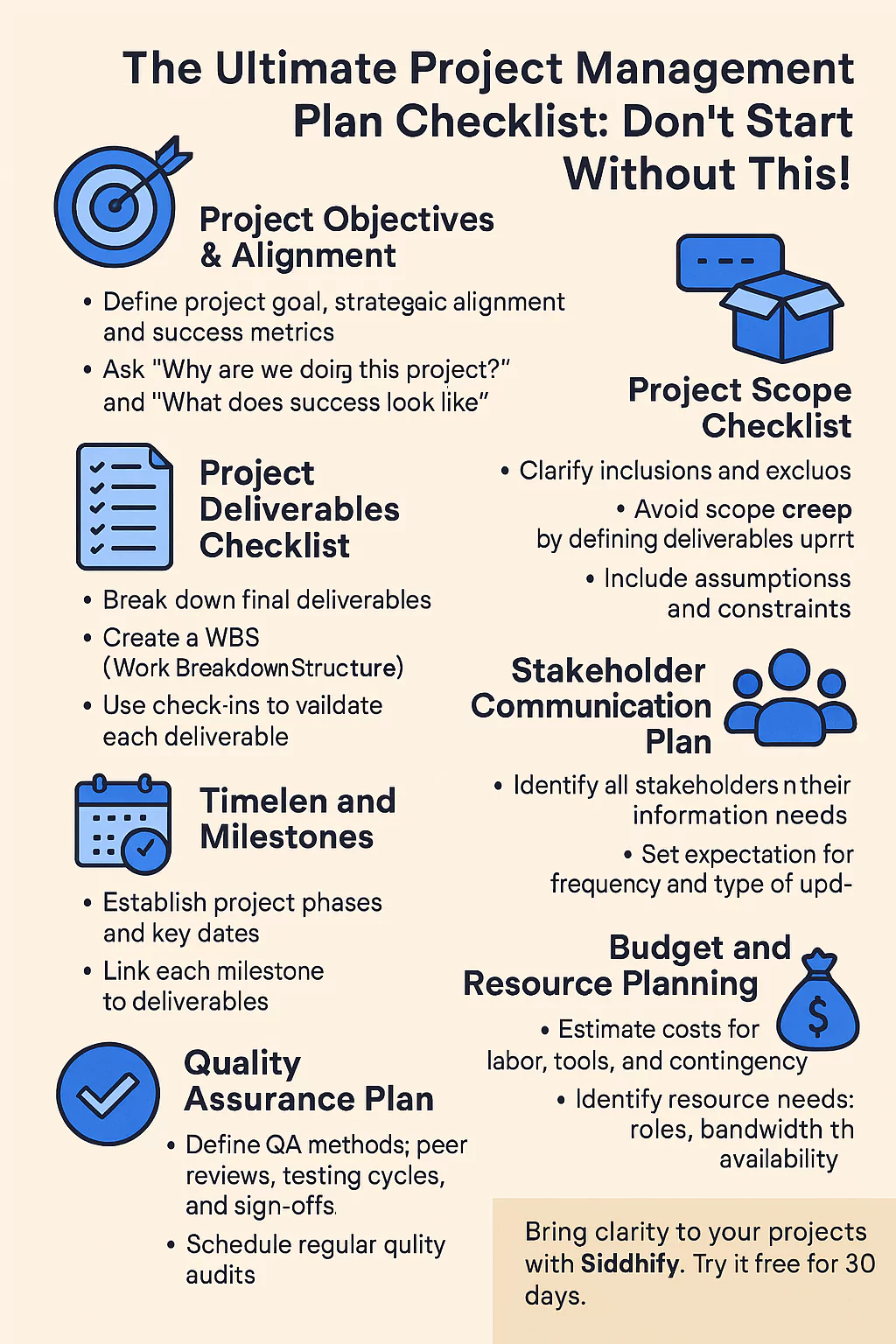 Project management plan checklist infographics