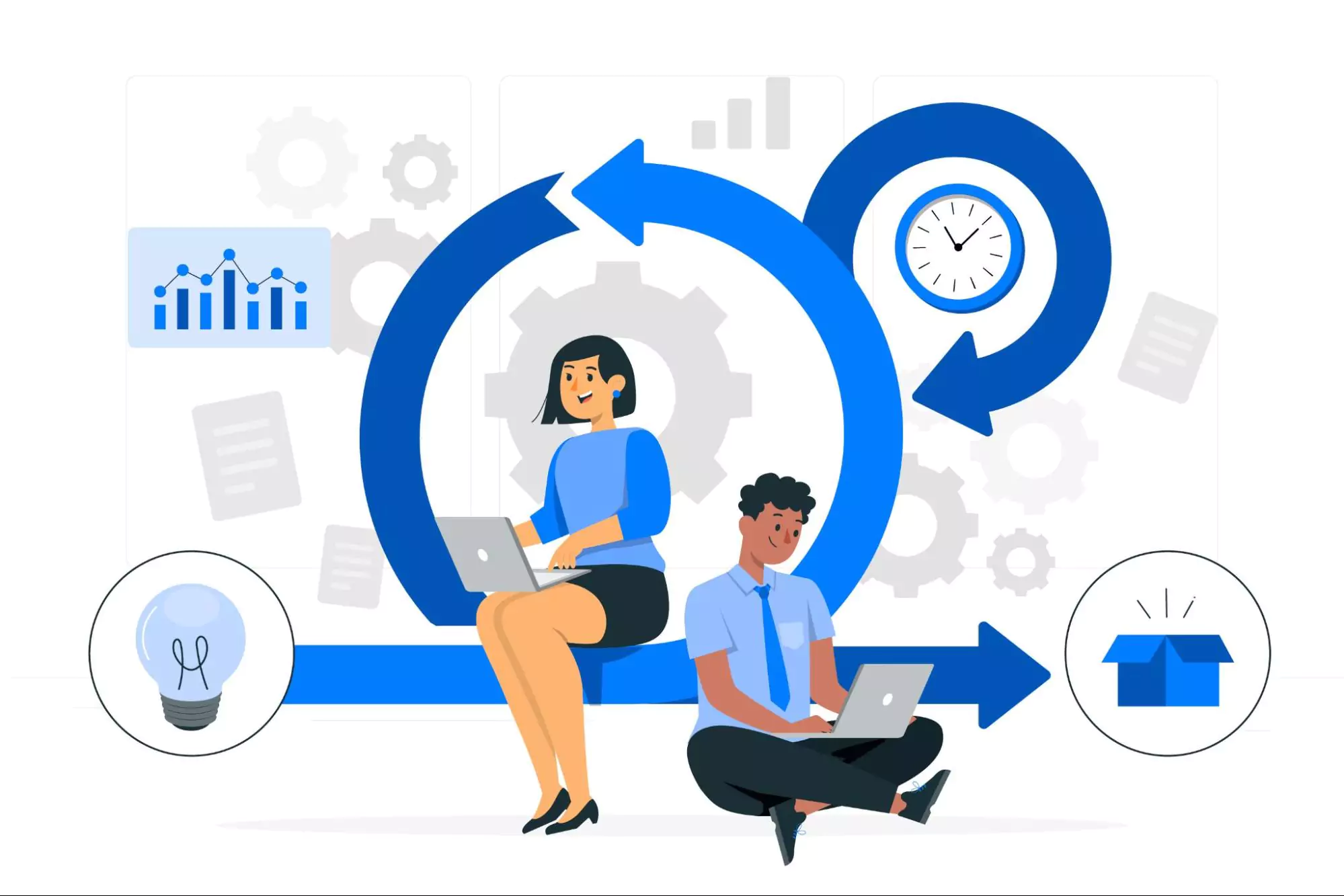 Illustration of a small team working with PML tools on a product development.