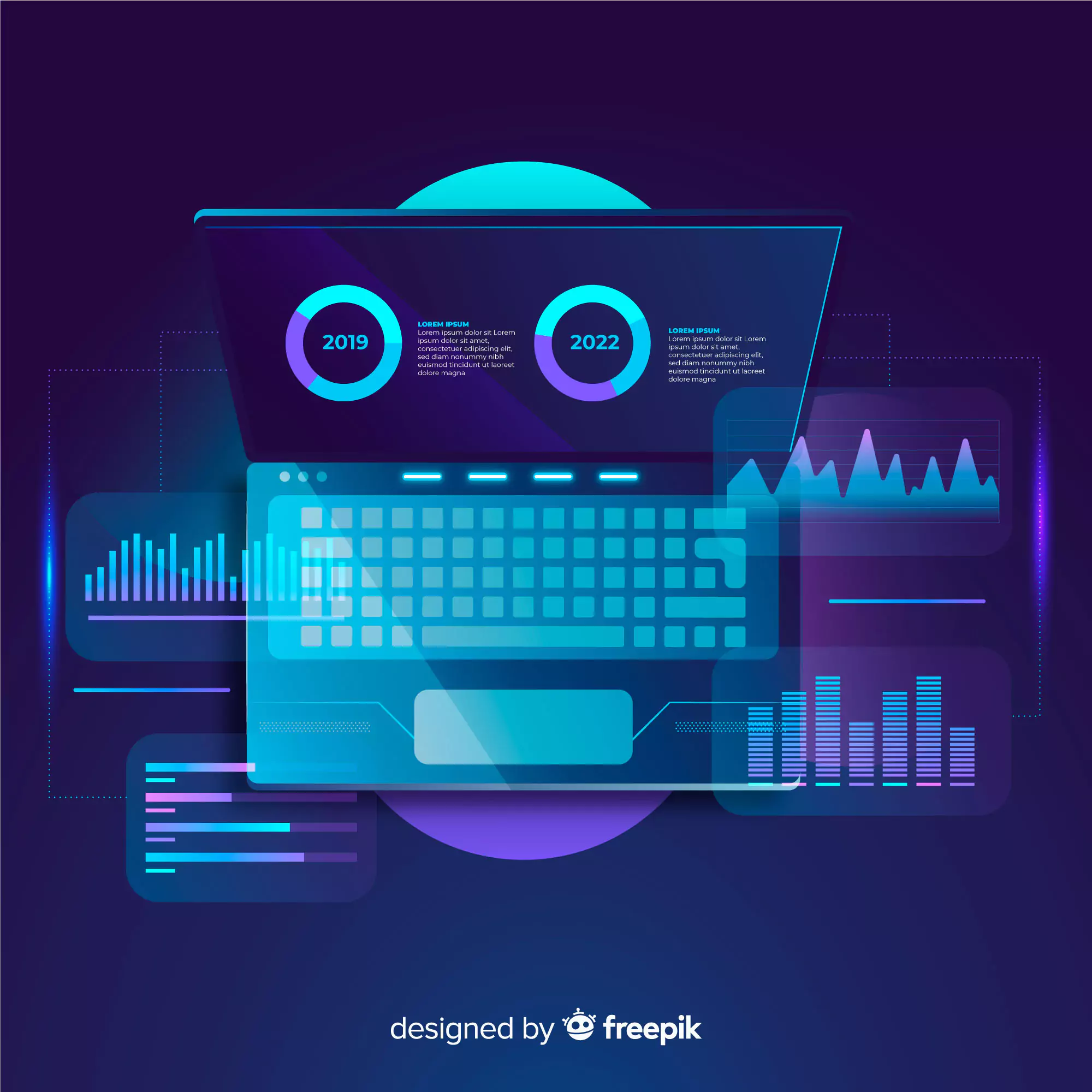 Futuristic laptop interface displaying analytics and graphs, representing advanced time-saving techniques and data-driven time management solutions.