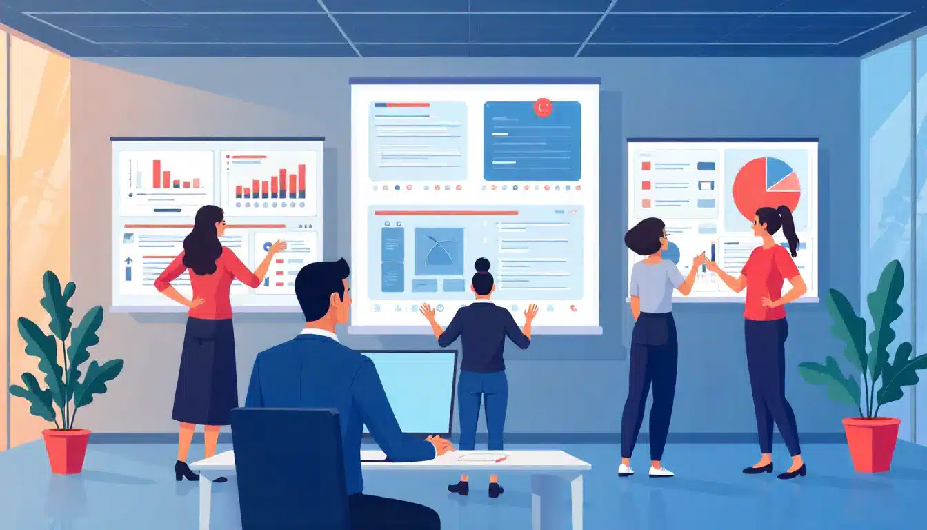Vector illustration of a team collaborating in a modern office using digital dashboards for collaborative work management.