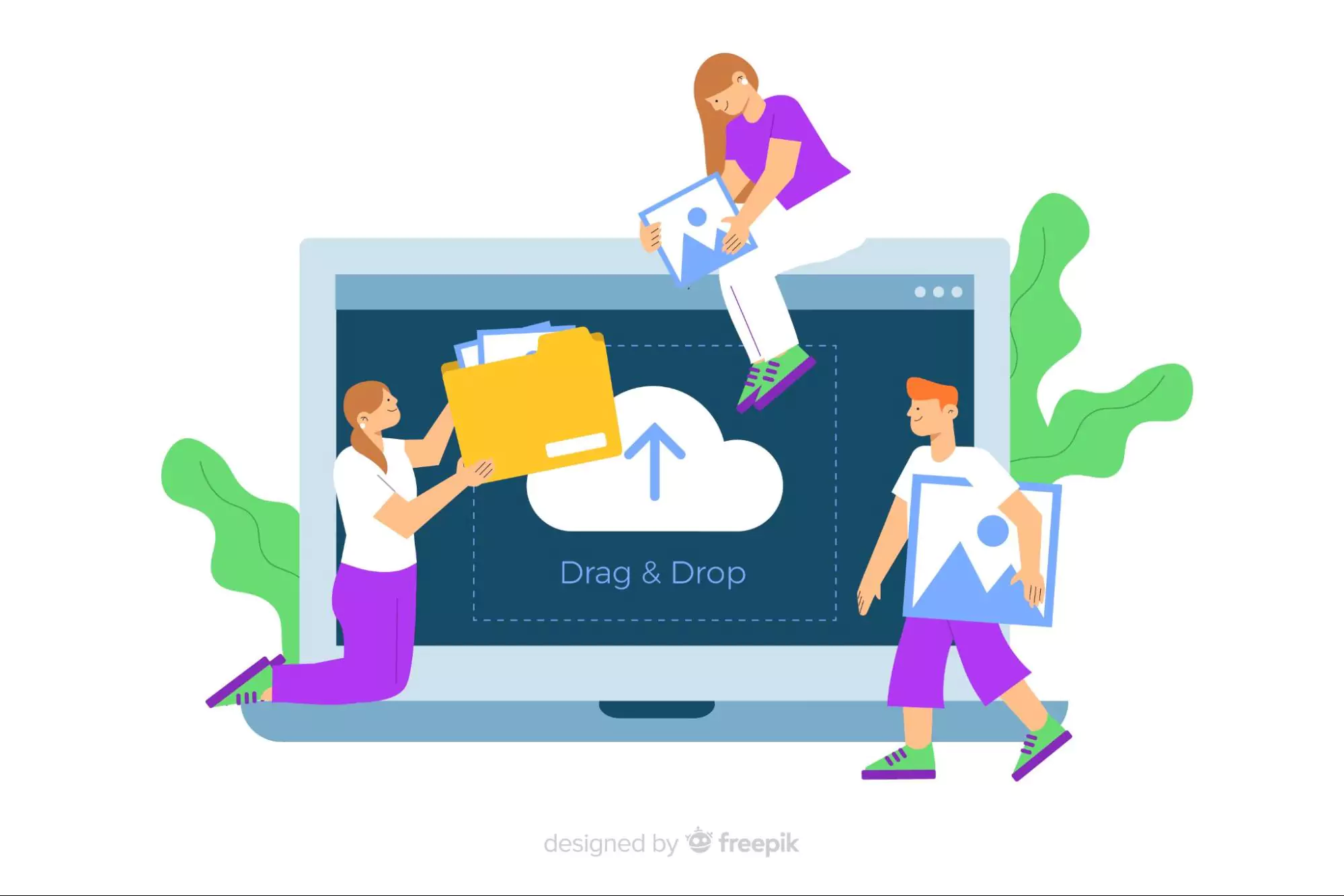 People dragging and dropping files into a cloud upload area on a large screen, depicting cloud-based productivity tools for team file management.