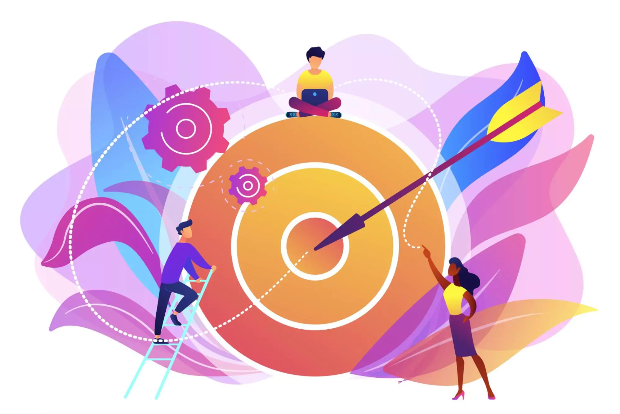 People stand around a target with arrows, symbolizing leadership alignment and teamwork in achieving common goals.