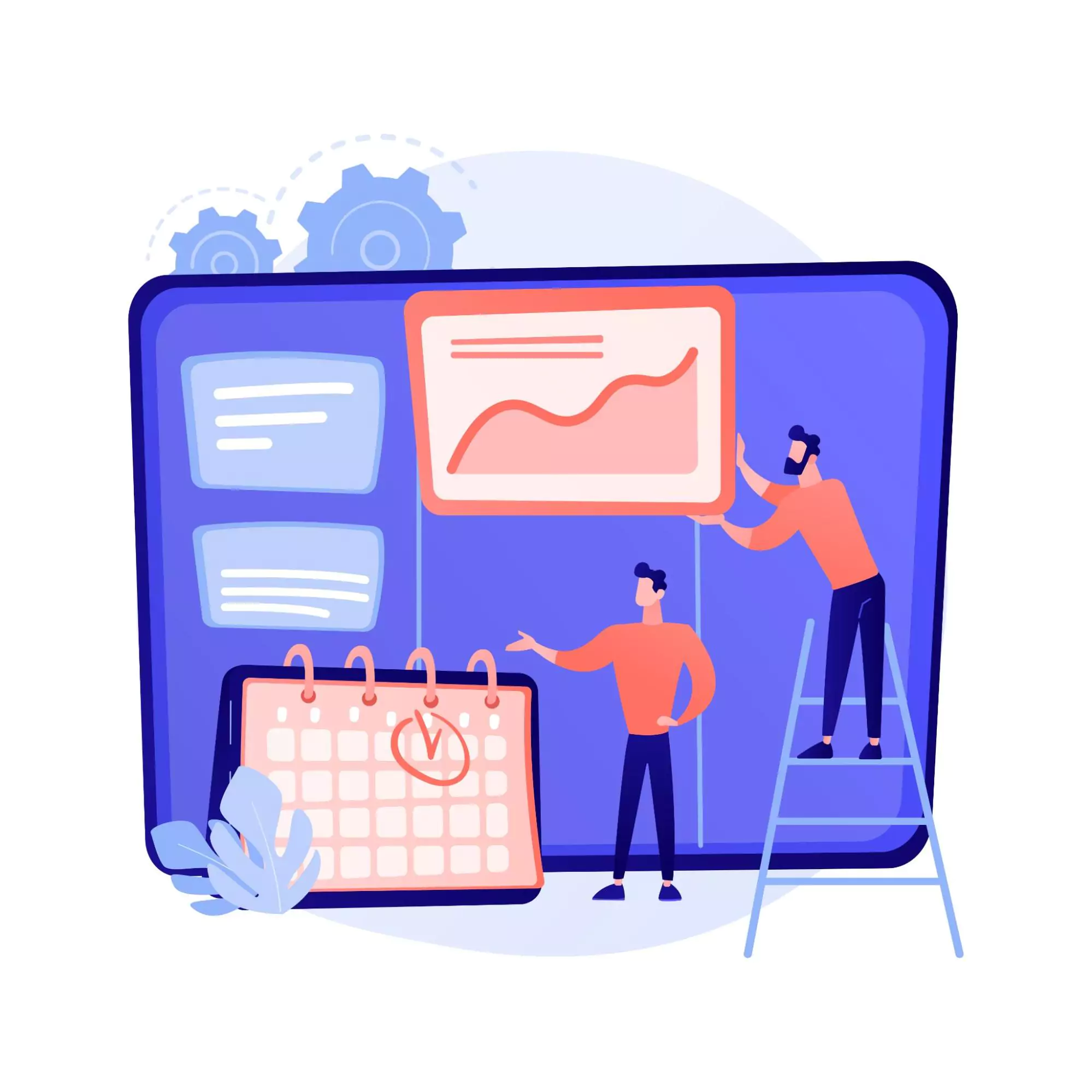 vector style illustration of two entrepreneurs working with task and time management tools