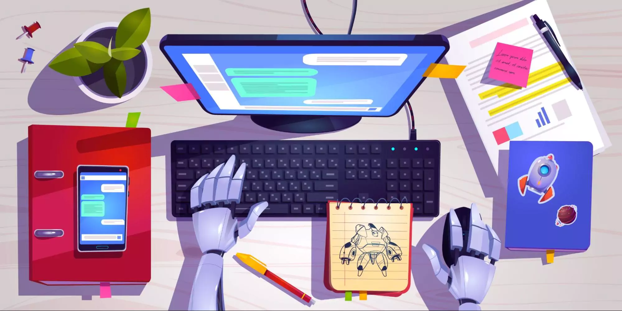 Vector illustration of a work desk with a laptop and robotic hands working on it, representing future trends in time management.