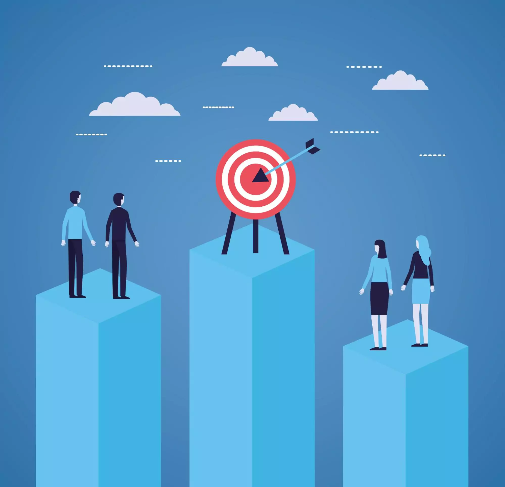 Business team on a ladder aiming for a target, symbolizing the team alignment process and collaborative goal achievement.