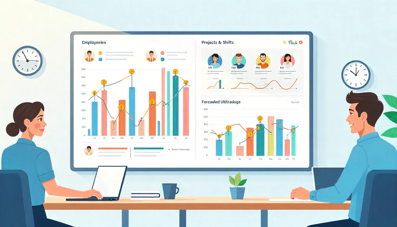 Diagram illustrating optimized workforce scheduling with staff aligned to projects, capacity planning, utilization rates, and shift planning using workforce management software.