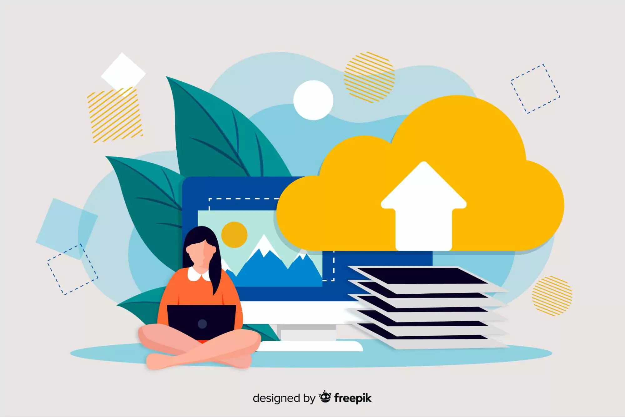 Illustration of a small business owner working on a cloud-based productivity tool.