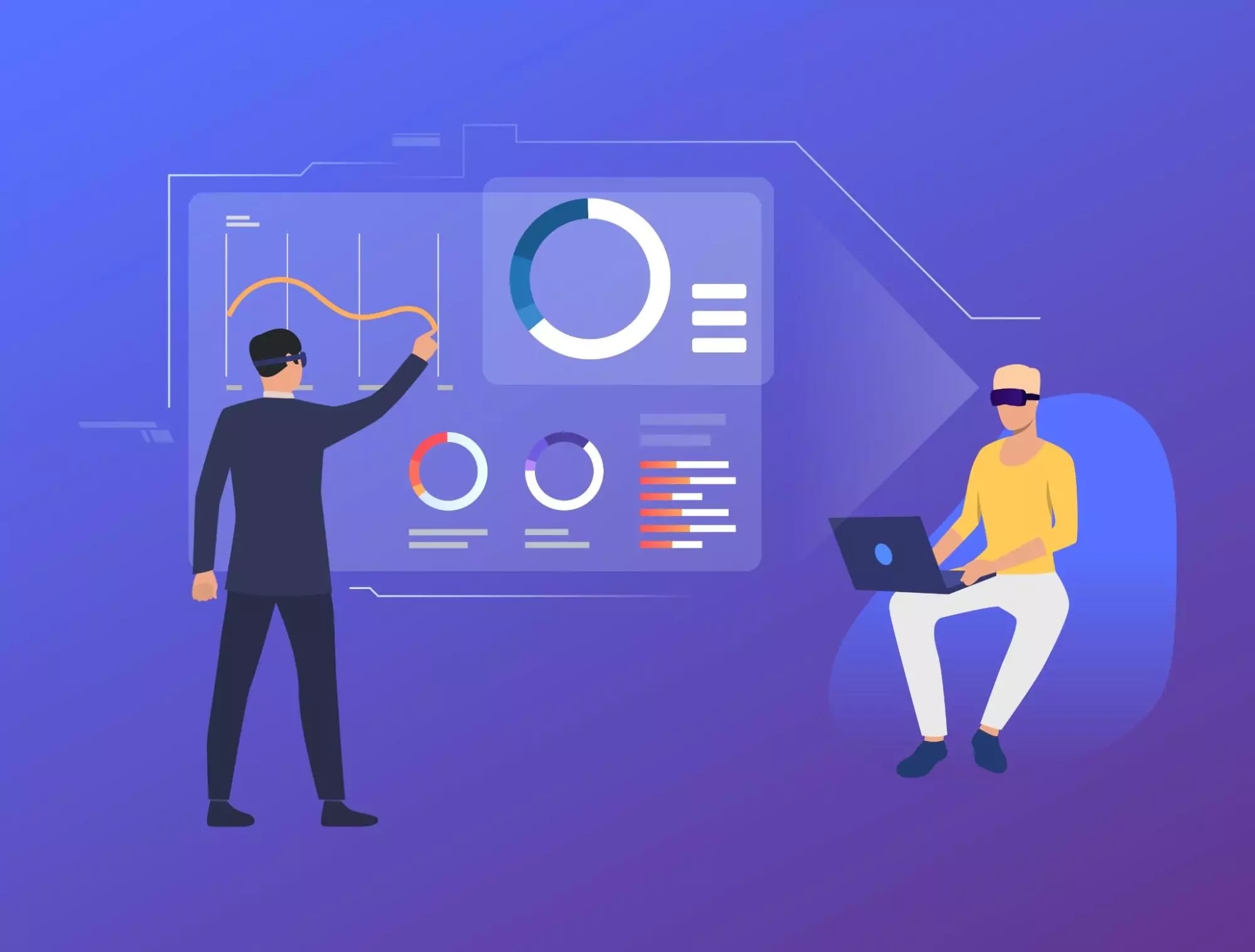 Illustration of two people using data dashboards and laptops with virtual reality headsets, analyzing AI-driven productivity charts.